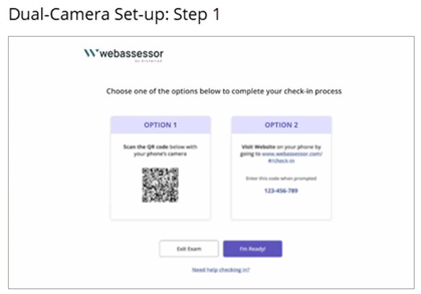 This image shows the first exam setup screen needed to enable functionality. It displays a QR code for the candidate to scan.